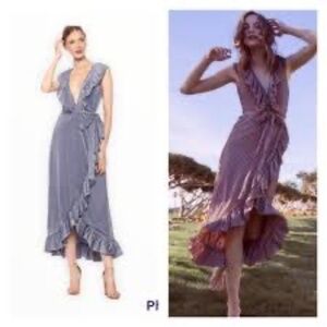 MISA Eve Pinstripe Velvet Ruffle Ribbed Wrap Midi Dress Lilac Blue S